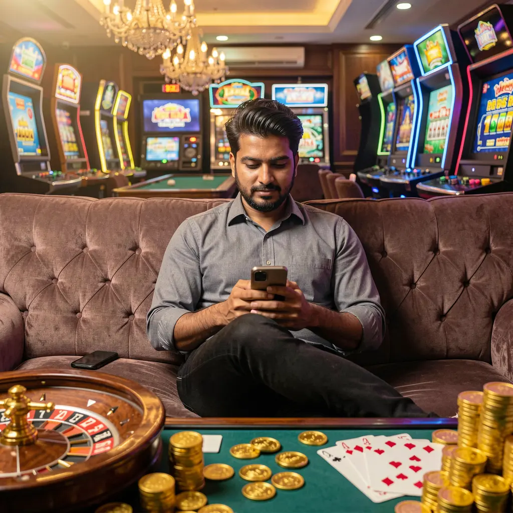 Confident Indian man relaxing on a sofa while using the LS77 casino app with glowing cards roulette and coins creating a premium gaming mood