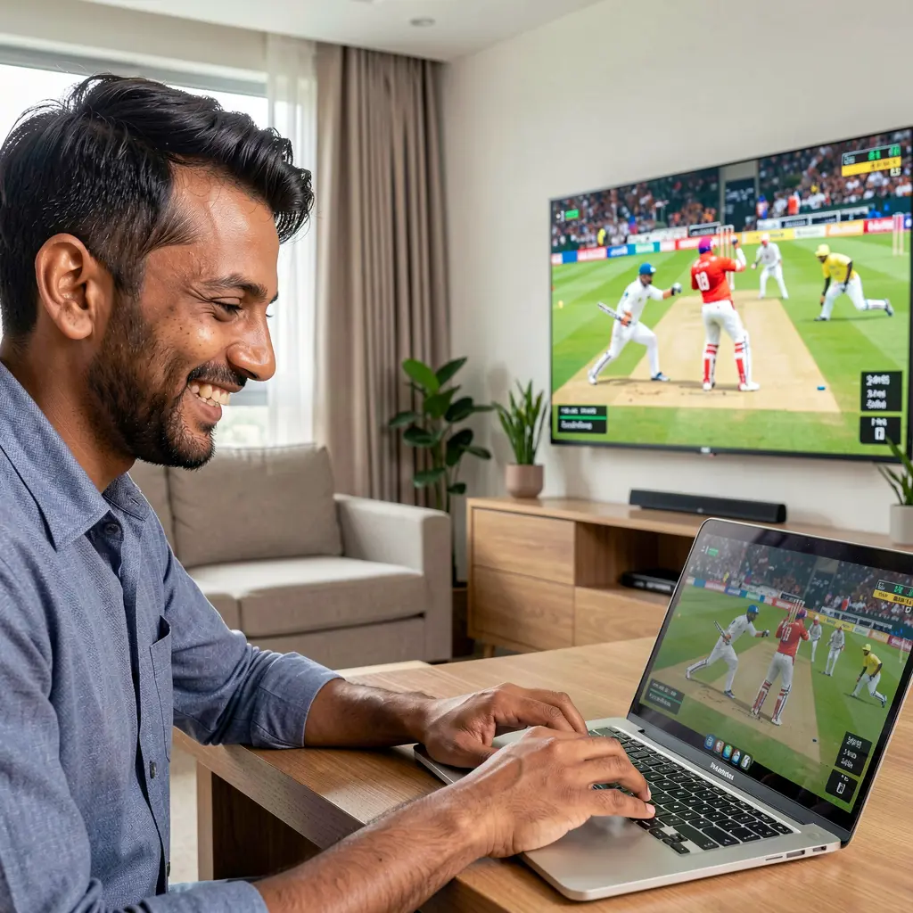 Confident Indian man enjoying online sports betting on a laptop at home with a live cricket match on TV while using the LS77 betting platform