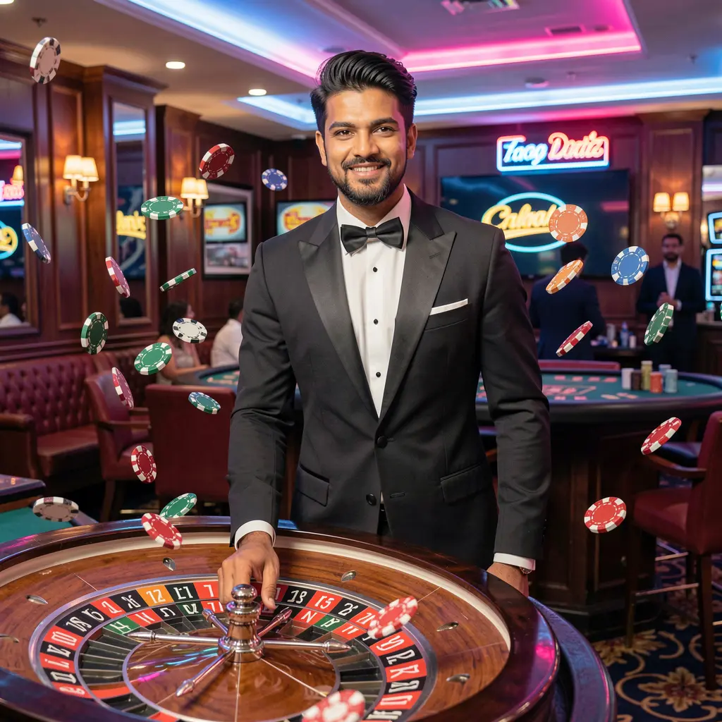 Confident LS77 live casino dealer standing at a roulette table surrounded by flying chips and vibrant lights creating an immersive gaming atmosphere for players in India