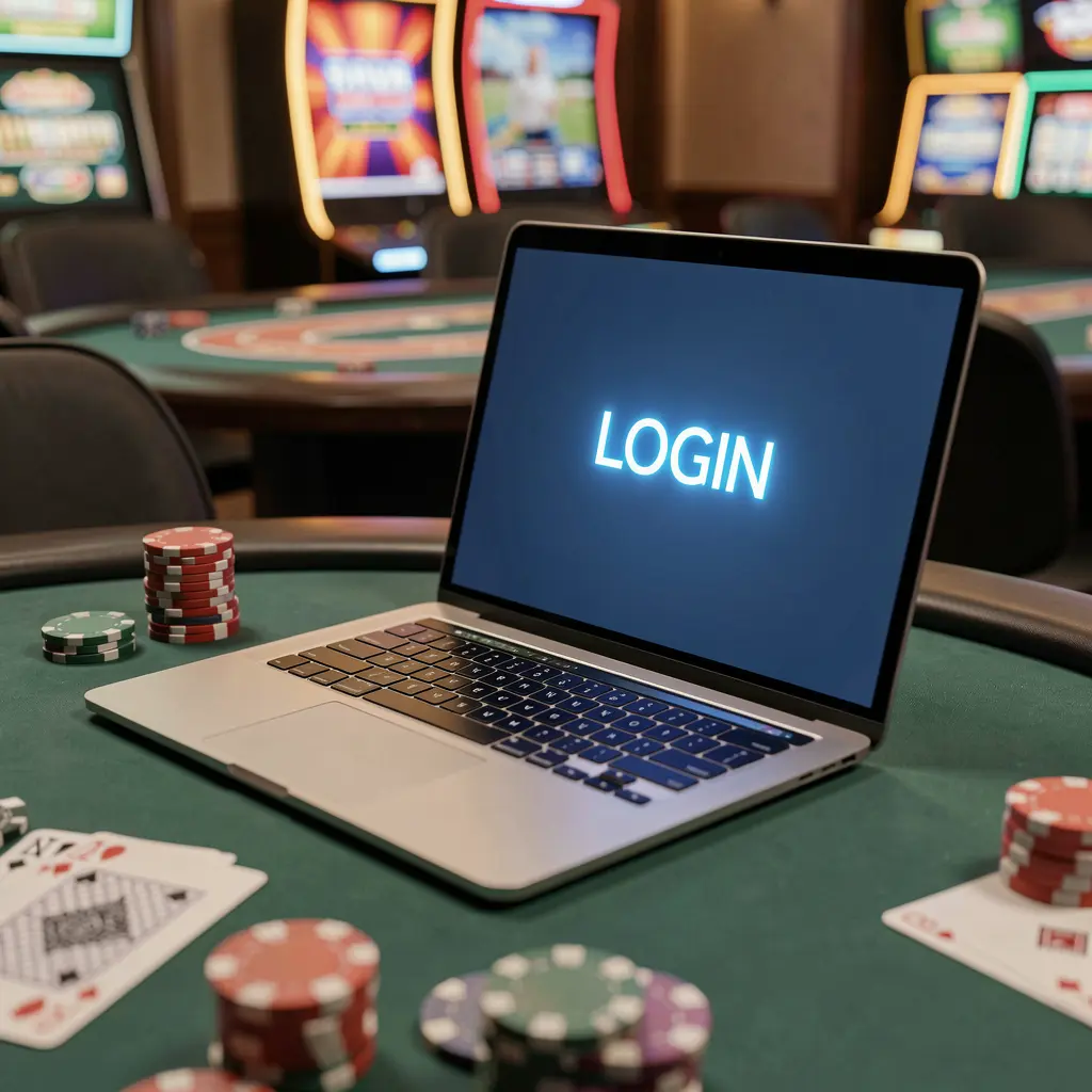 Modern laptop on a casino table showing the LS77 login screen with poker chips and cards creating a premium online casino atmosphere for India