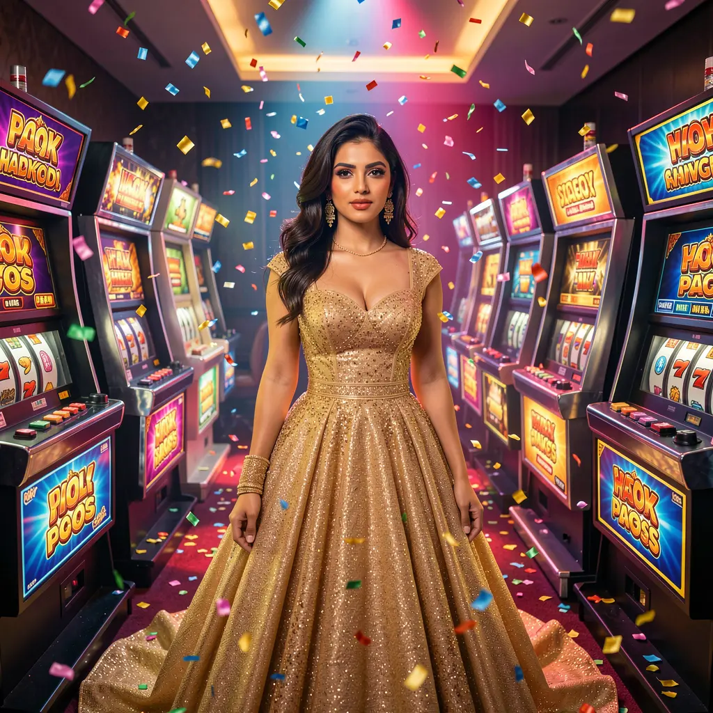 A glamorous woman in a sparkling gold dress surrounded by glowing slot machines inside LS77 casino, capturing the luxury slot gaming atmosphere for players in India